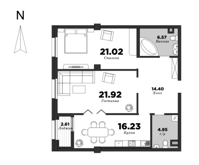 NEVA HAUS, Корпус 2, 2 спальни, 86.4 м² | планировка элитных квартир Санкт-Петербурга | М16